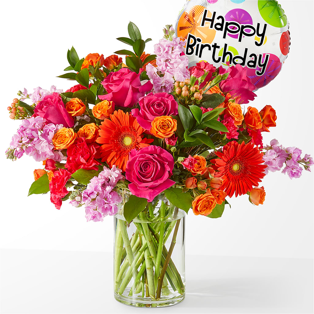 Fiesta Bouquet with Birthday Balloon – Paiges Petals Floral Design, Stanton MI