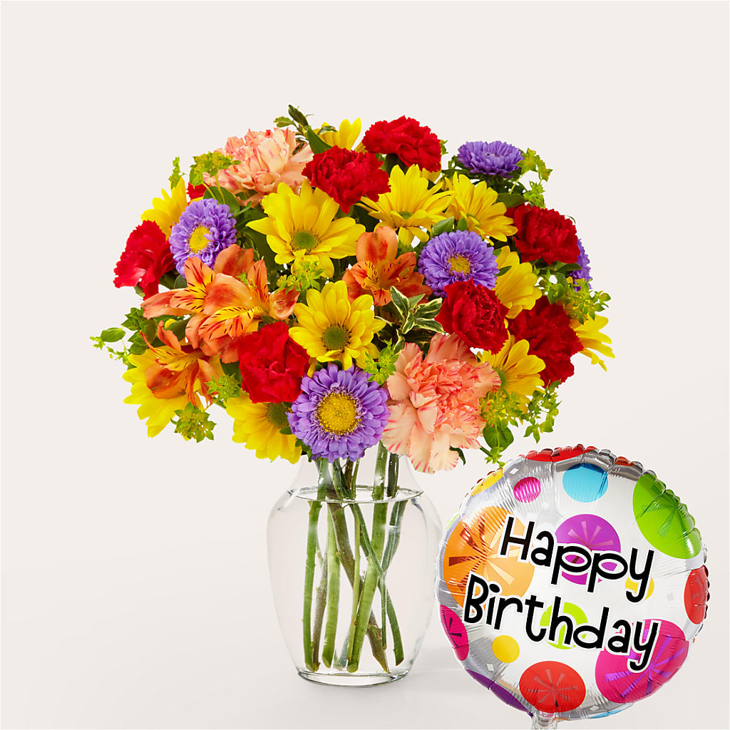 Kaleidoscope Bouquet with Birthday Balloon – Paiges Petals Floral Design, Stanton MI
