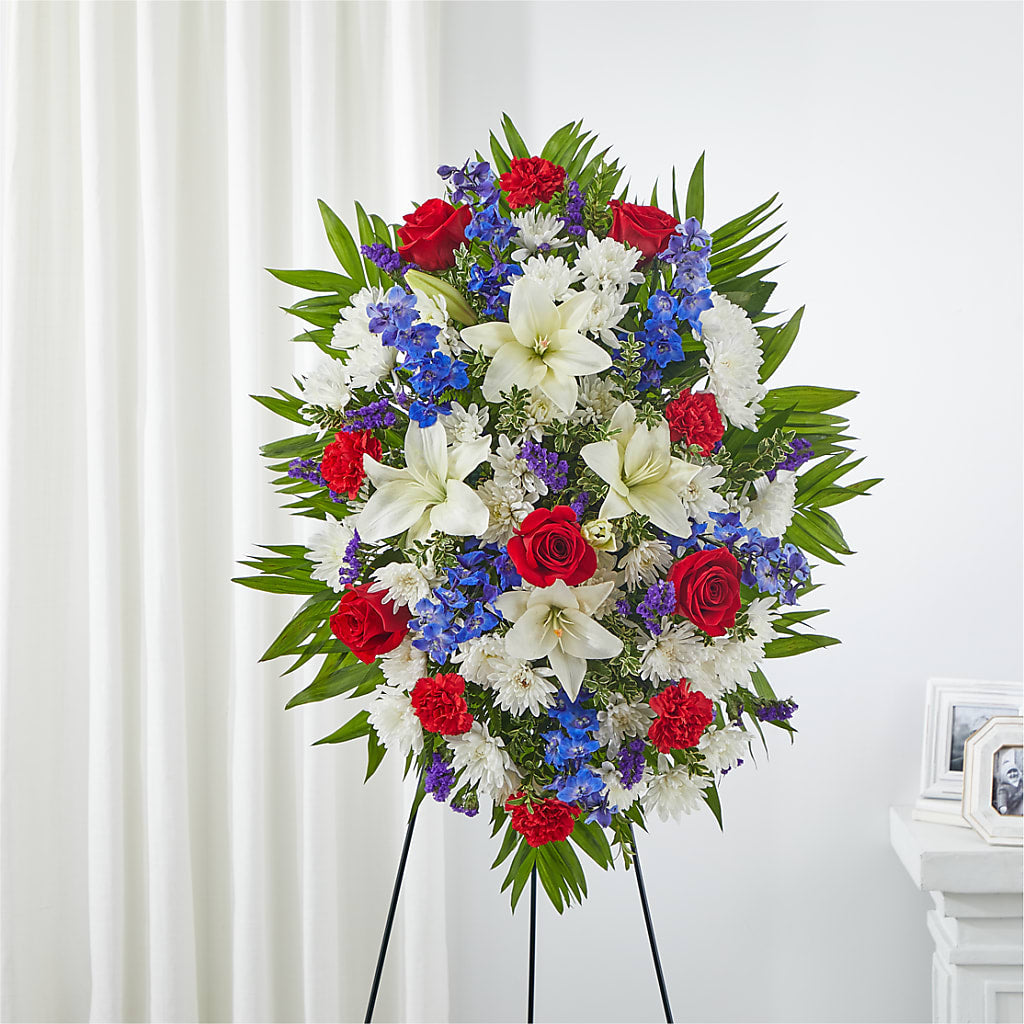 Cherished Service Standing Spray – Paiges Petals Floral Design, Stanton MI