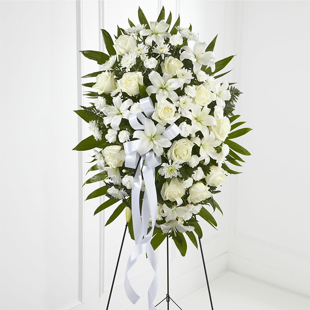 Exquisite Tribute Standing Spray-White Ribbon – Paiges Petals Floral Design, Stanton MI