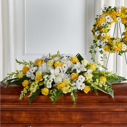 Golden Harmony Casket Spray –  Paiges Petals Floral Design, Stanton MI