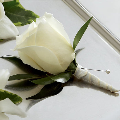 White Rose Boutonniere –  Paiges Petals Floral Design, Stanton MI